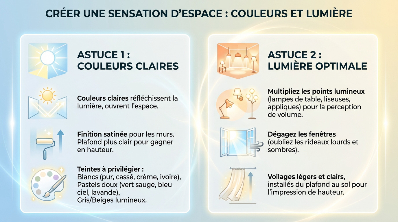 Salon lumineux aux murs blancs et voilages légers pour agrandir pièce visuellement