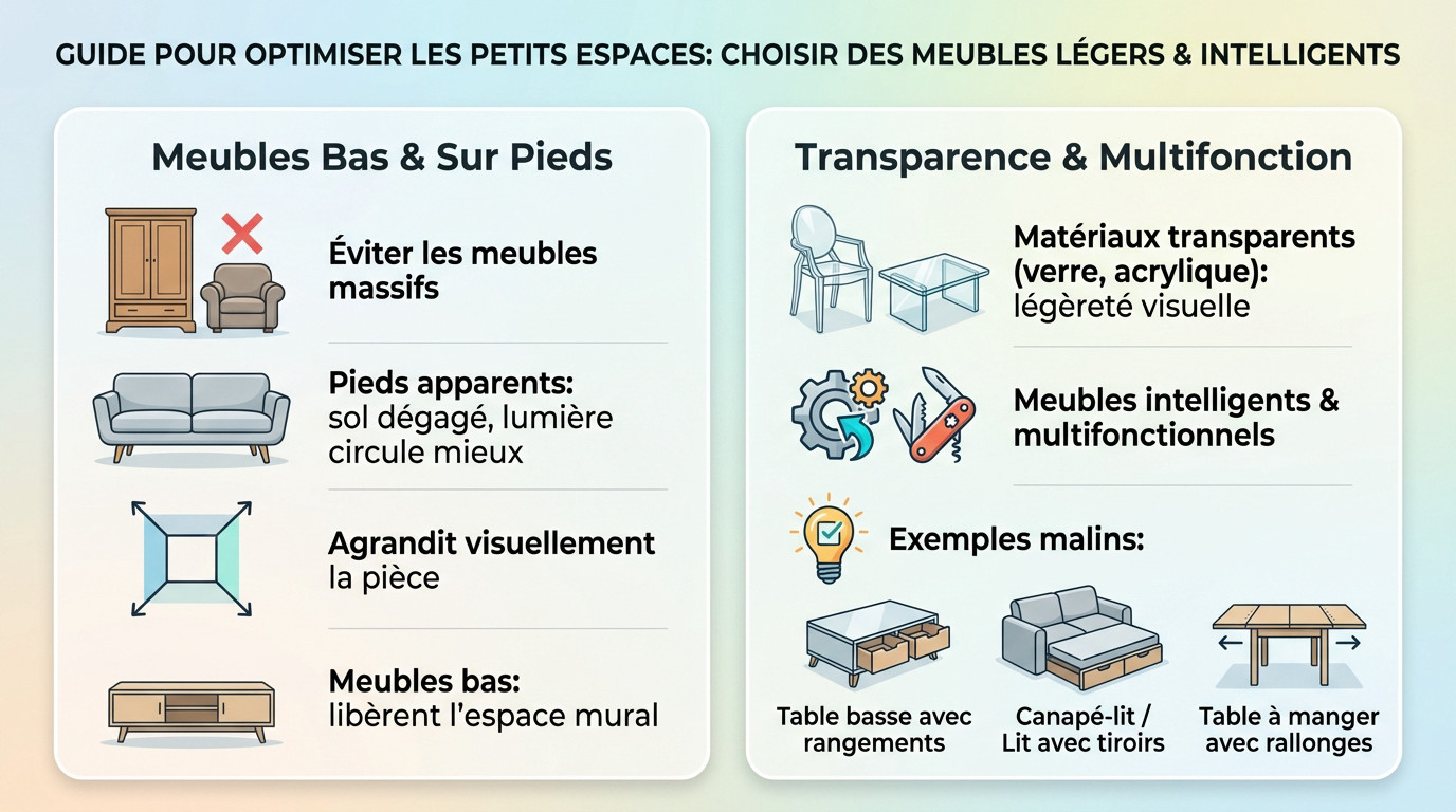 Salon moderne optimisé avec des meubles bas sur pieds et une table transparente pour agrandir l'espace