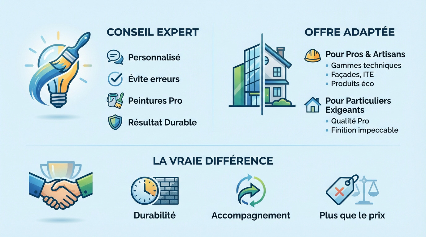 Infographie comparant les avantages d'une peinture professionnelle achetée chez un spécialiste à Clermont-Ferrand versus grande surface